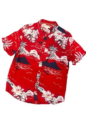 Retrofit Red and White Hawaiian Floral Camp Shirt with Black Accents Mens L